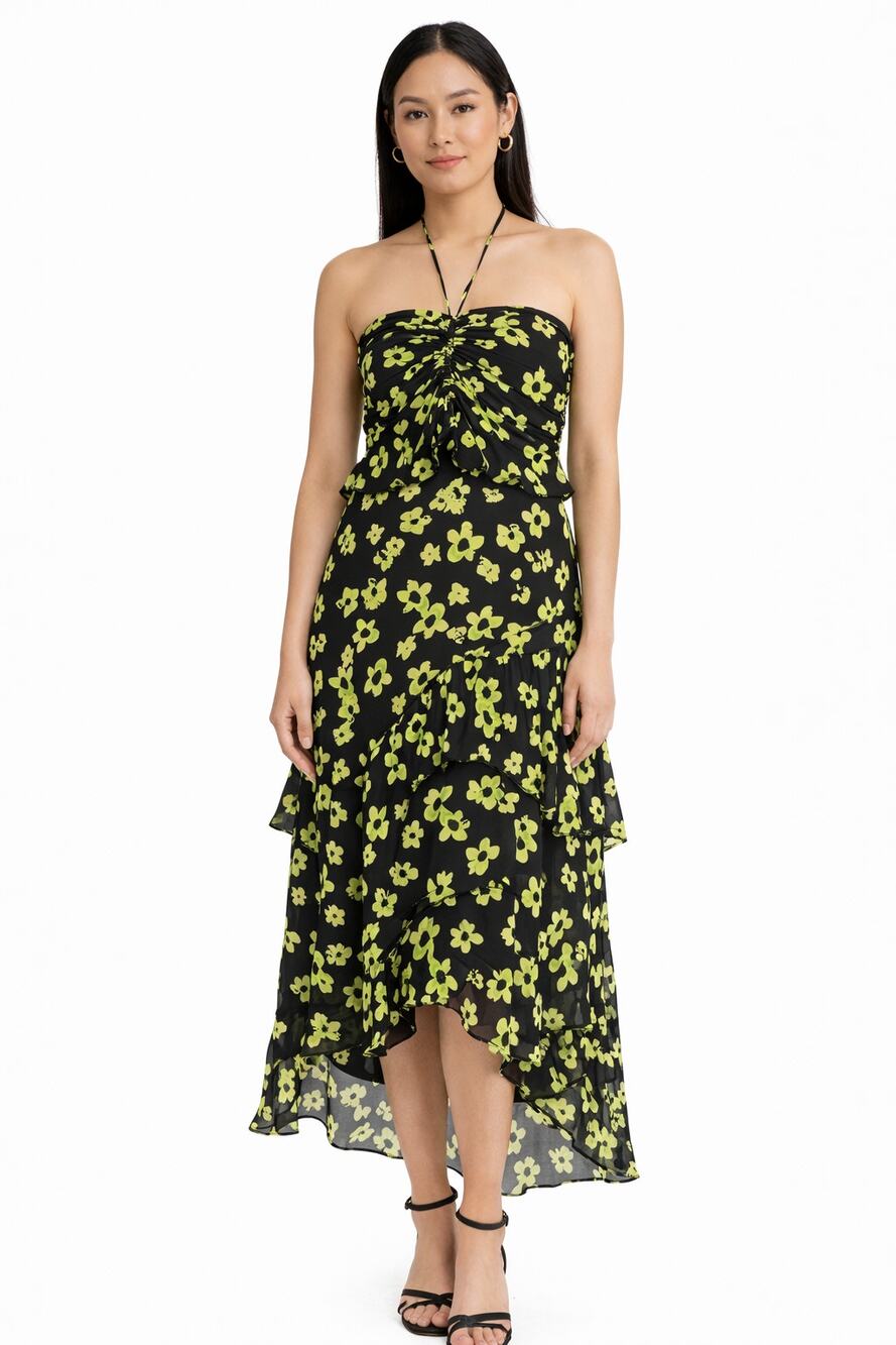 WAYF Zander Floral Halter Tiered Midi Dress Black Lime Green Womens Size Small